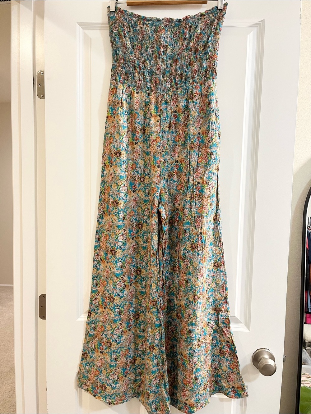 Angie Strapless Smocked Wide-Leg Floral Jumpsuit in Teal Multi